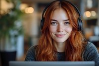 Young redhead woman wearing headphones smiling while using laptop computer for remote work or online learning in modern home office environment.