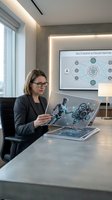 Woman in business casual attire wearing glasses works with augmented reality technology at modern office desk, displaying AI orchestration diagrams on screen and tablet for tech innovation projects.
