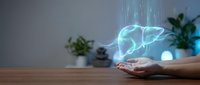 Holographic brain projection floating above open palm in modern interior with plants, representing artificial intelligence, neuroscience and future technology concepts.