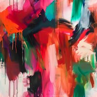 Abstract expressionist artwork featuring dynamic brushstrokes in vibrant red, emerald green, coral pink, and black creating an energetic composition with dramatic drips and gestural marks.