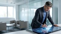 Mature male professional in dark business suit and blue shirt signing digital contract on tablet with holographic interface in modern glass office environment.