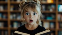 Young girl with blonde hair and wide blue eyes expressing surprise while reading book, dramatic lighting against blurred bookshelf background creates storytelling atmosphere.