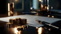 Stacks of golden coins on business document with luxury pen in dramatic lighting, representing wealth management and financial planning concept.