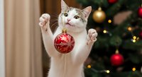 Playful white cat with green eyes holding red ornament bauble with paws, standing on hind legs near decorated tree with lights and baubles, festive holiday season celebration theme.