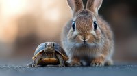 Curious rabbit meets turtle in unexpected animal friendship moment captured in soft natural lighting with shallow depth of field and bokeh background.