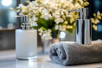 Luxury bathroom accessories with chrome soap dispensers and soft gray towel on marble counter with fresh flowers in blurred background for spa decor.