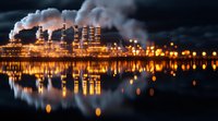 Industrial power plant with smoking chimneys reflecting in water at night, illuminated factory buildings creating mirror effect with glowing lights and steam clouds.
