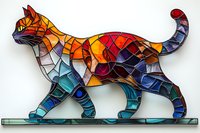Mosaic stained glass cat silhouette featuring vibrant orange, blue, and purple geometric patterns, walking gracefully on decorative base. Art for home decor.