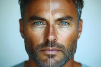 Close up portrait of mature man with striking blue eyes, tanned skin and salt pepper beard against light background, split face composition showing symmetry.