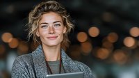 Young blonde businesswoman smiling confidently in modern office environment with warm bokeh lights background for corporate and professional presentations.