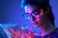 Young Asian woman in glasses looking at holographic data display with code reflection on face in neon blue and pink lighting, representing future technology concept.