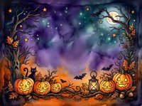 Spooky autumn night scene with glowing jack-o-lanterns, bare twisted trees, floating stars, and mystical purple-orange gradient sky. Perfect for seasonal designs and Halloween celebrations.