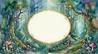Enchanted forest frame with golden oval border surrounded by mystical trees, mushrooms and magical flora on watercolor background for fairy tale designs.