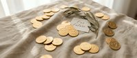 Overhead flat lay of golden coins arranged on neutral linen fabric with olive branch and blank tag, representing wealth, savings, and financial planning concepts.