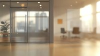 Modern office interior with glass door entrance, sunlit workspace featuring wooden floors and minimalist design elements for corporate and business settings.