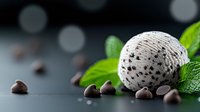 Mint chocolate chip ice cream scoop with fresh mint leaves and chocolate chips scattered on dark background with bokeh lights, food photography.