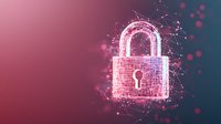 Digital padlock with glowing network connections on pink and blue gradient background for cybersecurity and data protection concepts.