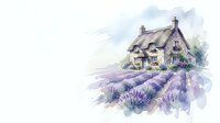 Watercolor cottage with thatched roof surrounded by blooming lavender fields in countryside setting with soft purple and green tones for rustic home decor.
