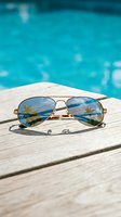 Sunglasses with mirrored lenses reflecting tropical scenery rest on wooden dock beside turquoise swimming pool water, perfect for summer vacation and travel lifestyle content.
