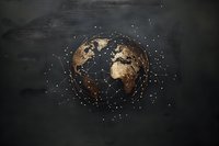Digital globe with golden continents floating in dark space, surrounded by glowing network connections and particles, representing global connectivity.