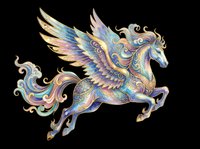 Ornate winged horse with intricate decorative patterns in blue, gold, and purple tones, isolated on transparent background. Ready for t-shirts, stickers, clipart, sublimation, and print-on-demand designs.
