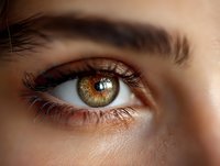 Close-up of striking hazel-green eye with long eyelashes and defined eyebrow, showcasing natural beauty and detailed iris pattern on smooth skin.