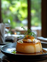 Creamy caramel flan dessert topped with fresh herbs and caviar served on dark plate with natural window lighting and soft bokeh background in restaurant setting.