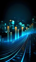 Futuristic digital cityscape with glowing bar charts and data visualization elements in neon blue and gold colors against dark background, perfect for financial technology and data analysis concepts.