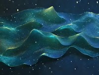 Abstract flowing waves in blue and green with golden particles creating cosmic ocean movement for digital art and modern design backgrounds.