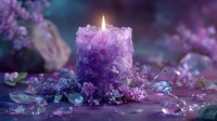 Purple crystal candle glowing with warm flame surrounded by amethyst gemstones and delicate flowers creating mystical spa atmosphere for relaxation and meditation.