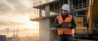Construction worker in safety vest using tablet at building site during golden hour sunset with cranes and scaffolding in background.