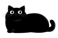 Cute black cat with big expressive eyes and whiskers, cartoon style silhouette on white background for greeting cards, children's books, and pet-themed designs.