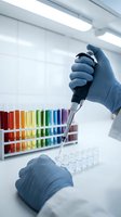 Laboratory scientist using pipette for precise liquid sampling in modern research facility with colorful test tubes for medical analysis and experiments.