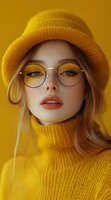 Young Caucasian woman in yellow knit sweater and beanie wearing round glasses against yellow background. Stylish autumn fashion portrait with coral lipstick and blonde hair.