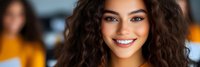 Young mixed-race woman with curly hair smiling warmly at camera in bright indoor setting. Professional headshot for business, lifestyle, or wellness content.