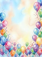 Watercolor colorful balloons border frame with pastel sky background and copy space for celebration, birthday, and party designs.