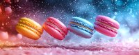Colorful macarons floating in cosmic space with glittering stars and bokeh lights, creating a dreamy dessert fantasy against a purple and blue galaxy background.