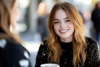 Young caucasian woman with blonde wavy hair wearing black sequin dress smiling during coffee meeting, natural makeup, genuine expression, lifestyle portrait.