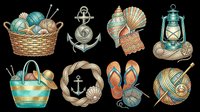 Nautical and knitting clipart set with basket, anchor, seashell, lantern, flip flops, and yarn, isolated on transparent background, ready for stickers and t-shirt design.