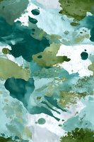 Abstract watercolor painting in teal, green and white tones with organic splatter pattern. Artistic background for modern interior design.
