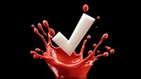 White checkmark emerging from dynamic red liquid splash on black background for marketing and approval concepts.
