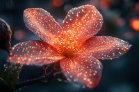 Glowing orange flower petals covered in sparkling water droplets against dark background, creating magical nature macro photography effect with bokeh lights.