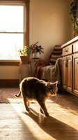 Tabby cat walking across warm sunlit hardwood floor in cozy rustic home interior with golden afternoon light streaming through window.