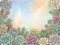 Watercolor succulent border frame with pastel tones, featuring green and purple rosette plants on a soft gradient background with copy space.