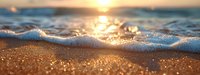Ocean waves washing onto golden sandy beach at sunset with sparkling water droplets and warm sunlight reflecting on wet sand creating peaceful coastal scenery.