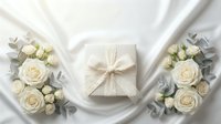 Elegant white gift box with cream ribbon surrounded by white roses and eucalyptus on silk fabric for wedding celebration or special occasion.