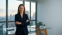 Professional businesswoman in dark suit standing confidently with crossed arms in modern office with city skyline view through large windows.