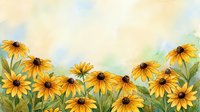 Watercolor yellow rudbeckia flowers border with soft pastel sky background for spring summer garden design projects and botanical artwork.