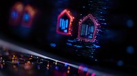 Glowing neon house icons on digital circuit board with blue bokeh lights, representing smart home technology and digital real estate concept.