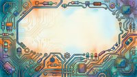 Steampunk circuit board frame with mechanical gears, pipes and electronic components in orange and teal colors, isolated on white background for design projects.